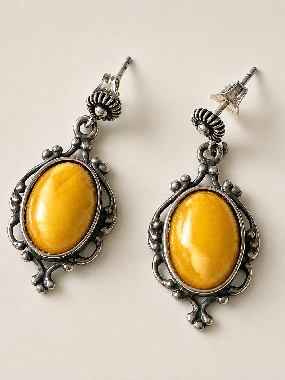 925 Sterling Silver Yellow Cabochon Ornate Dangle Earrings